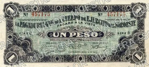 1 peso, Pagaduría Gral. del Cuerpo de Ejército del Noroeste (M2268), M2268a $1 Pagaduría Gral. del Cuerpo de Ejército del Noroeste, anverso