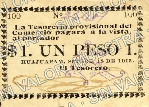 1 peso, Tesorería Provisional '1' (M3410), anverso (M3410b $1 Tesorería Provisional '$1')