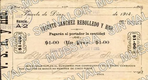 1 peso, Vicente Sánchez Rebolledo y Hno (M4089), M4089 $1 Vicente Sánchez Rebolledo y Hno, anverso