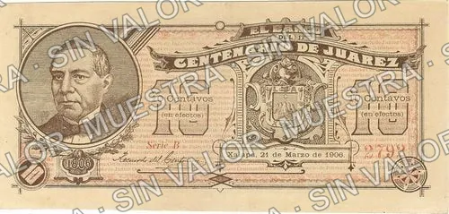 10 centavos, Banco del Centenario de Juárez (M769), anverso