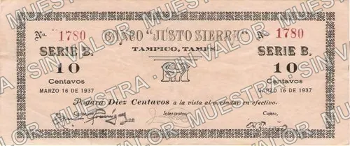 10 centavos, Banco "Justo Sierra" (M4479), M4479 10c Banco "Justo Sierra", anverso
