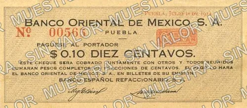 10 centavos, Banco Oriental de México (M3586), anverso