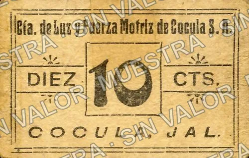 10 centavos, Cía. de Luz y Fuerza Motriz de Cocula (M2442), M2442 10c Cía. de Luz y Fuerza Motriz de Cocula, anverso