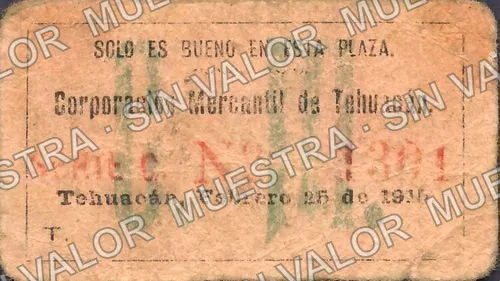 10 centavos, Corporación Mercantil de Tehuacán, T (M3605), M3605 10c Corporación Mercantil de Tehuacán, T., reverso