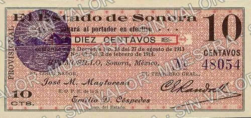 10 centavos, El Estado de SonoraPosition A - Mountain seal 1 (M3812), anverso