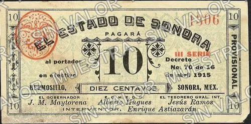 10 centavos, Estado de Sonora I SERIE (M3828), anverso (M3828a 10c Estado de Sonora III SERIE)