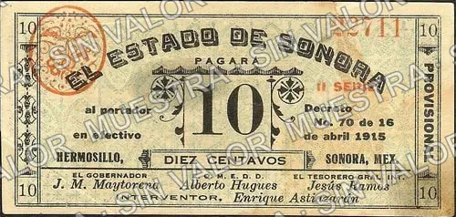 10 centavos, Estado de Sonora I SERIE (M3828), anverso (M3828a 10c Estado de Sonora II SERIE)