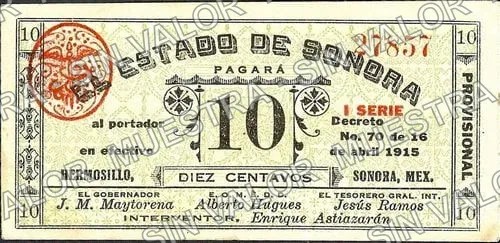 10 centavos, Estado de Sonora I SERIE (M3828), anverso