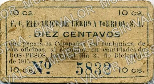 10 centavos, F. C. Elécrico de Lerdo a Torreón (M1559), M1559 10c F. C. Elécrico de Lerdo a Torreón, anverso
