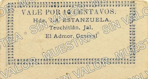 10 centavos, Hacienda La Estanzuela (M2723), reverso