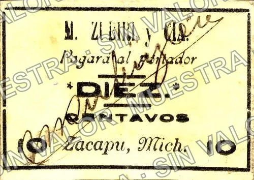 10 centavos, M. Zubiri y Cía (M3139), M3139 10c M. Zubiri y Cía., anverso