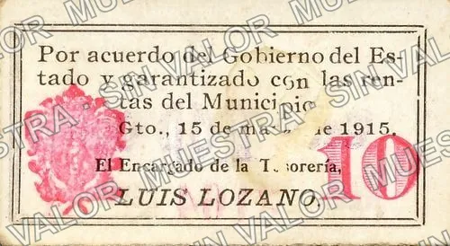 10 centavos, Tesorería Municipal (M1667), M1667 10c Tesorería Municipal, reverso