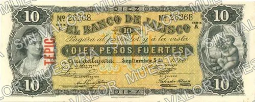 10 pesos, .5 25c Banco del Centenario (M379), anverso (M379c $10 overprinted 'TEPIC')