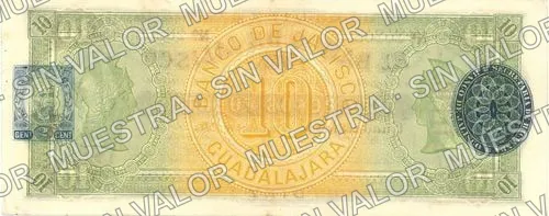 10 pesos, .5 25c Banco del Centenario (M379), reverso (M379c $10 overprinted 'TEPIC')