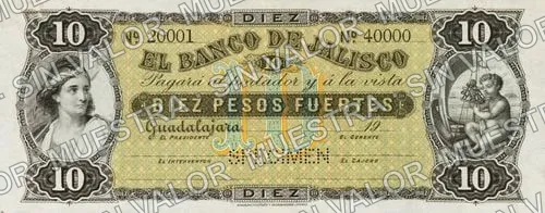 10 pesos, .5 25c Banco del Centenario (M379), anverso (M379s $10 Banco de Jalisco specimen)