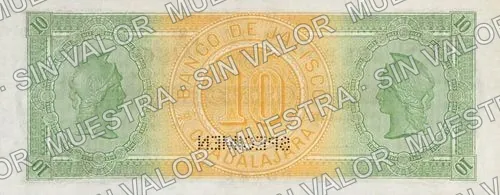 10 pesos, .5 25c Banco del Centenario (M379), reverso (M379s $10 Banco de Jalisco specimen)