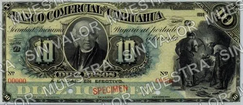 10 pesos, Banco Comercial de Chihuahua (M84), M84s $10 Banco Comercial de Chihuahua specimen, anverso