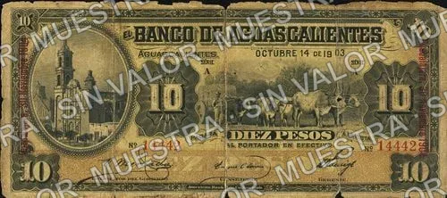 10 pesos, Banco de Aguascalientes (M52), anverso (M52d $10 overprinted 'Guadalajara, 30 Noviembre 1904')