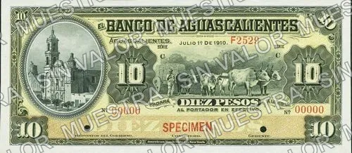 10 pesos, Banco de Aguascalientes (M52), anverso (M52s 1910 $10 Banco de Aguascalientes specimen)