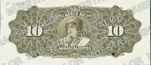 10 pesos, Banco de Aguascalientes (M52), reverso (M52s 1910 $10 Banco de Aguascalientes specimen)
