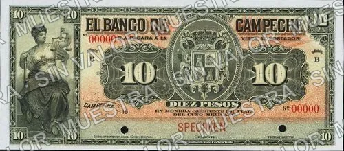 10 pesos, Banco de Campeche (M60), anverso (M60p $10 Banco de Campeche specimen)