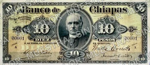 10 pesos, Banco de Chiapas (M66), anverso (M66s $10 Banco de Chiapas specimen)