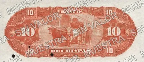 10 pesos, Banco de Chiapas (M66), reverso (M66s $10 Banco de Chiapas specimen)