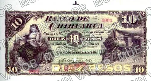 10 pesos, Banco de Chihuahua (M77), anverso (M77s $10 Banco de Chihuahua specimen)