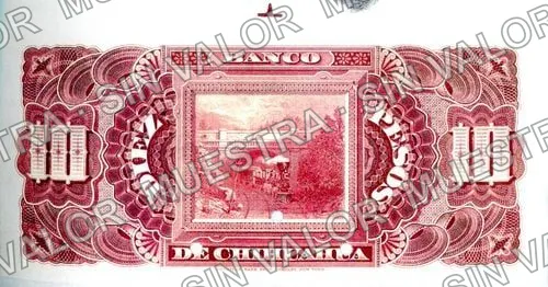 10 pesos, Banco de Chihuahua (M77), reverso (M77s $10 Banco de Chihuahua specimen)