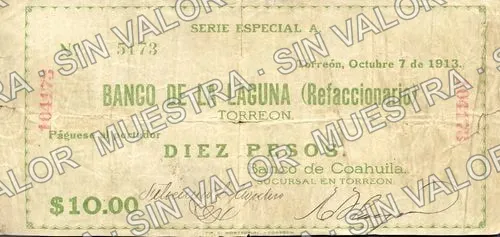 10 pesos, Banco de Coahuila (M1030), M1030 $10 Banco de Coahuila, anverso