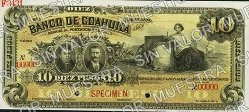 10 pesos, Banco de Coahuila (M168), anverso (M168s $10 Banco de Coahuila specimen)