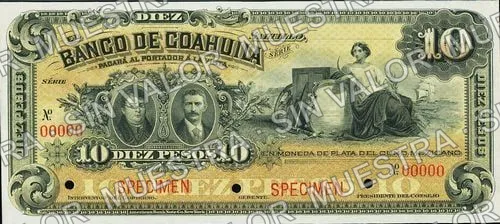 10 pesos, Banco de Coahuila (M168), anverso (M168s $10 Banco de Coahuila specimen)