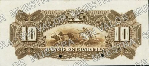 10 pesos, Banco de Coahuila (M168), reverso (M168s $10 Banco de Coahuila specimen)