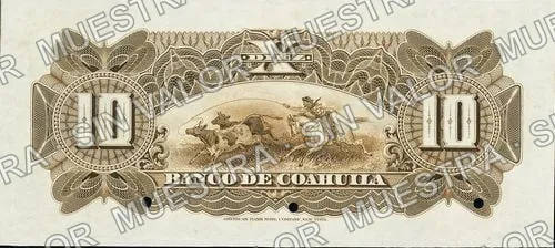 10 pesos, Banco de Coahuila (M168), reverso (M168s $10 Banco de Coahuila specimen)