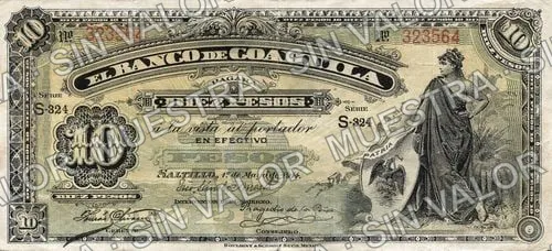 10 pesos, Banco de Coahuila (M177), anverso (M177a $10 Banco de Coahuila)