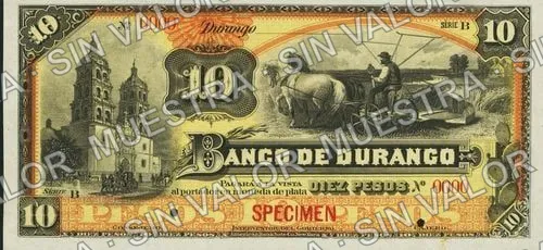 10 pesos, Banco de Durango (M333), M333s $10 Banco de Durango specimen, anverso
