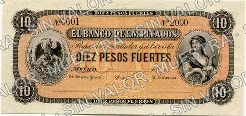 10 pesos, Banco de Empleados (M208), M208s $10 Banco de Empleados specimen, anverso