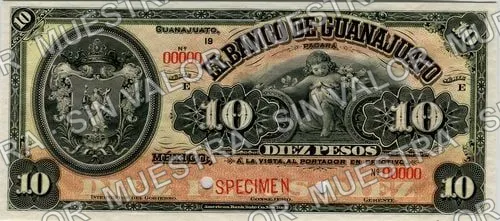 10 pesos, Banco de Guanajuato (M351), M351s $10 specimen, anverso