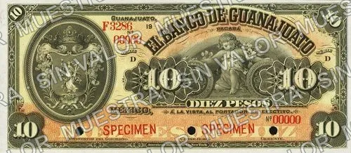 10 pesos, Banco de Guanajuato (M351), M351s $10 specimen, anverso