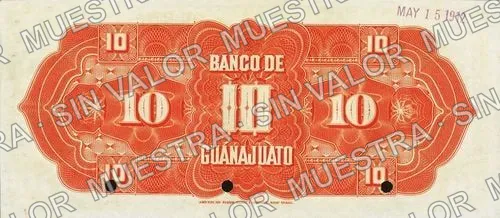10 pesos, Banco de Guanajuato (M351), M351s $10 specimen, reverso