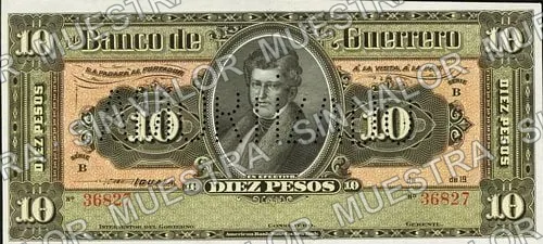 10 pesos, Banco de Guerrero (M362), anverso (M362r $10 needle-punched 'AMORTIZADO')