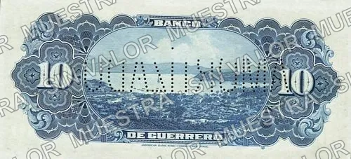 10 pesos, Banco de Guerrero (M362), reverso (M362r $10 needle-punched 'AMORTIZADO')