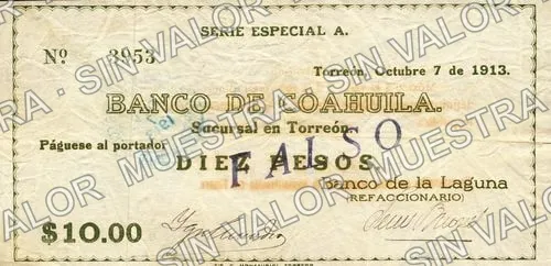 10 pesos, Banco de la Laguna (M1006), anverso