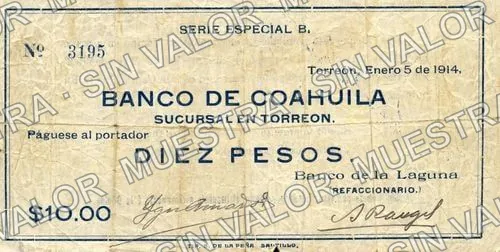 10 pesos, Banco de la Laguna (M1013), anverso