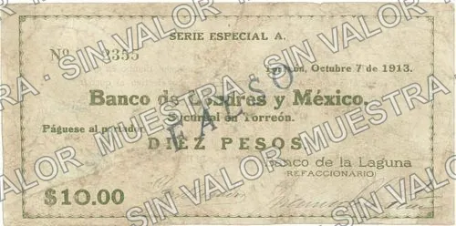 10 pesos, Banco de la Laguna (M1044), anverso (M1044b $10 Banco de la Laguna)