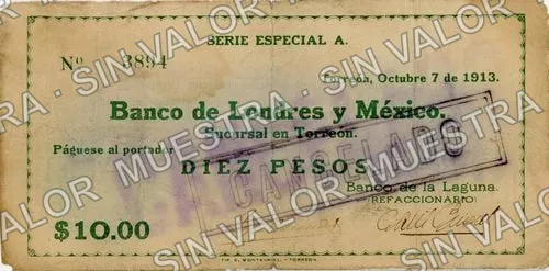 10 pesos, Banco de la Laguna (M1044), anverso (M1044c $10 Banco de la Laguna)