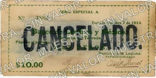 10 pesos, Banco de la Laguna (M1044), anverso (M1044d $10 Banco de la Laguna)