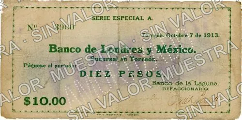 10 pesos, Banco de la Laguna (M1044), anverso (M1044e $10 Banco de la Laguna)