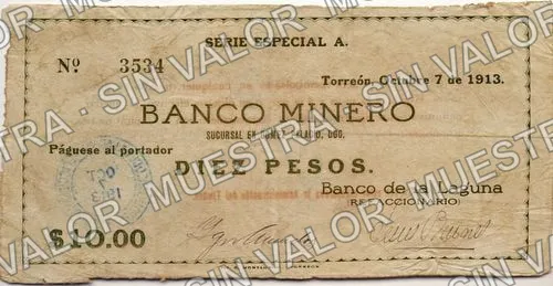 10 pesos, Banco de la Laguna (M1053), anverso