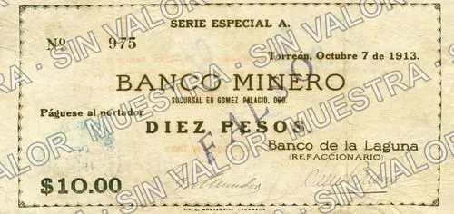 10 pesos, Banco de la Laguna (M1053), anverso (M1053b $10 Banco de la Laguna overprinted 'FALSO')